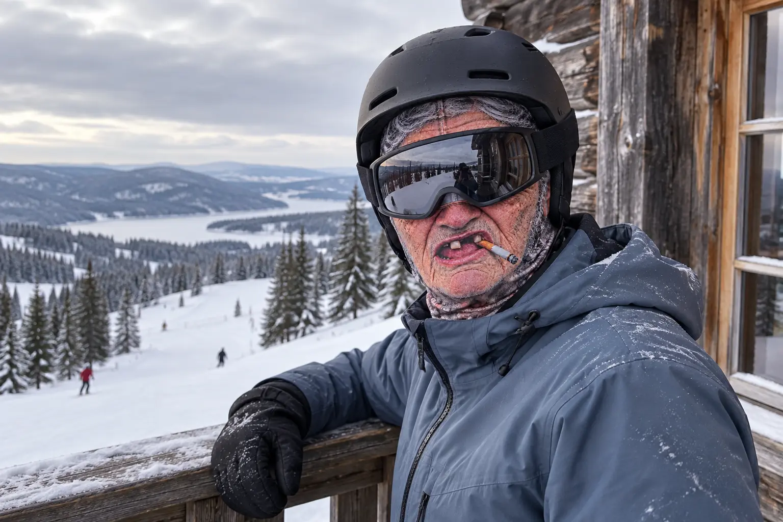 Två skidåkare i balaklavor på en snöig fjälltopp